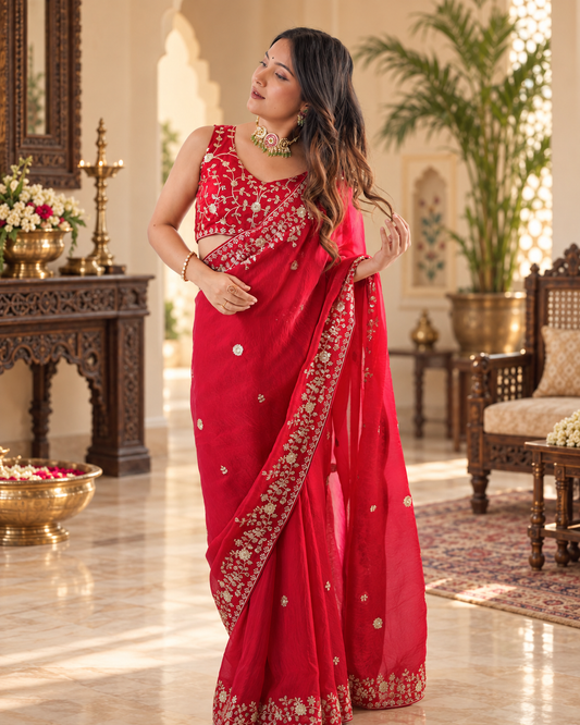 Premium Festive Red Heavy Fendy Silk Saree