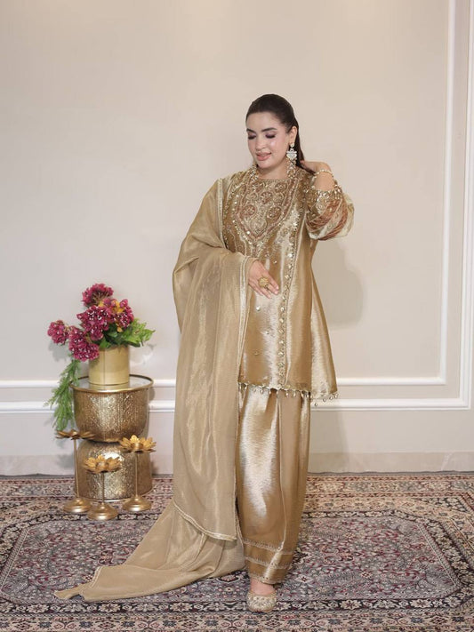 Royal Gold Fandy Silk Sequence Embroidered Salwar Suit Set