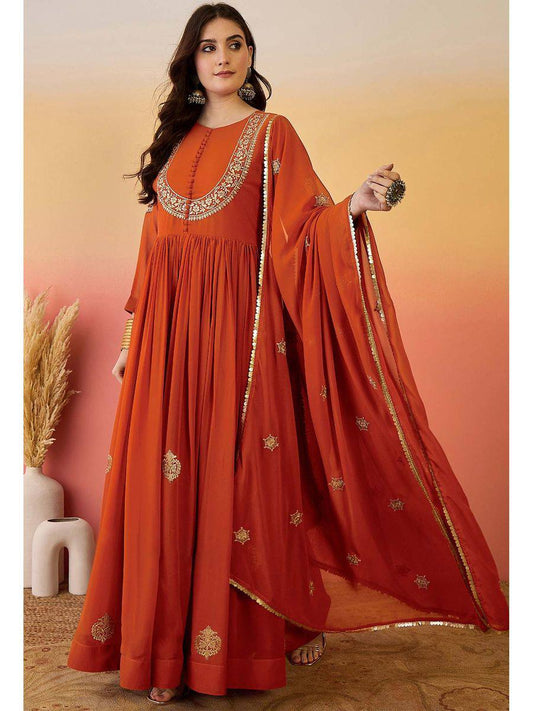 Designer Rust Orange Faux Georgette Embroidered Anarkali Suit Set with Dupatta