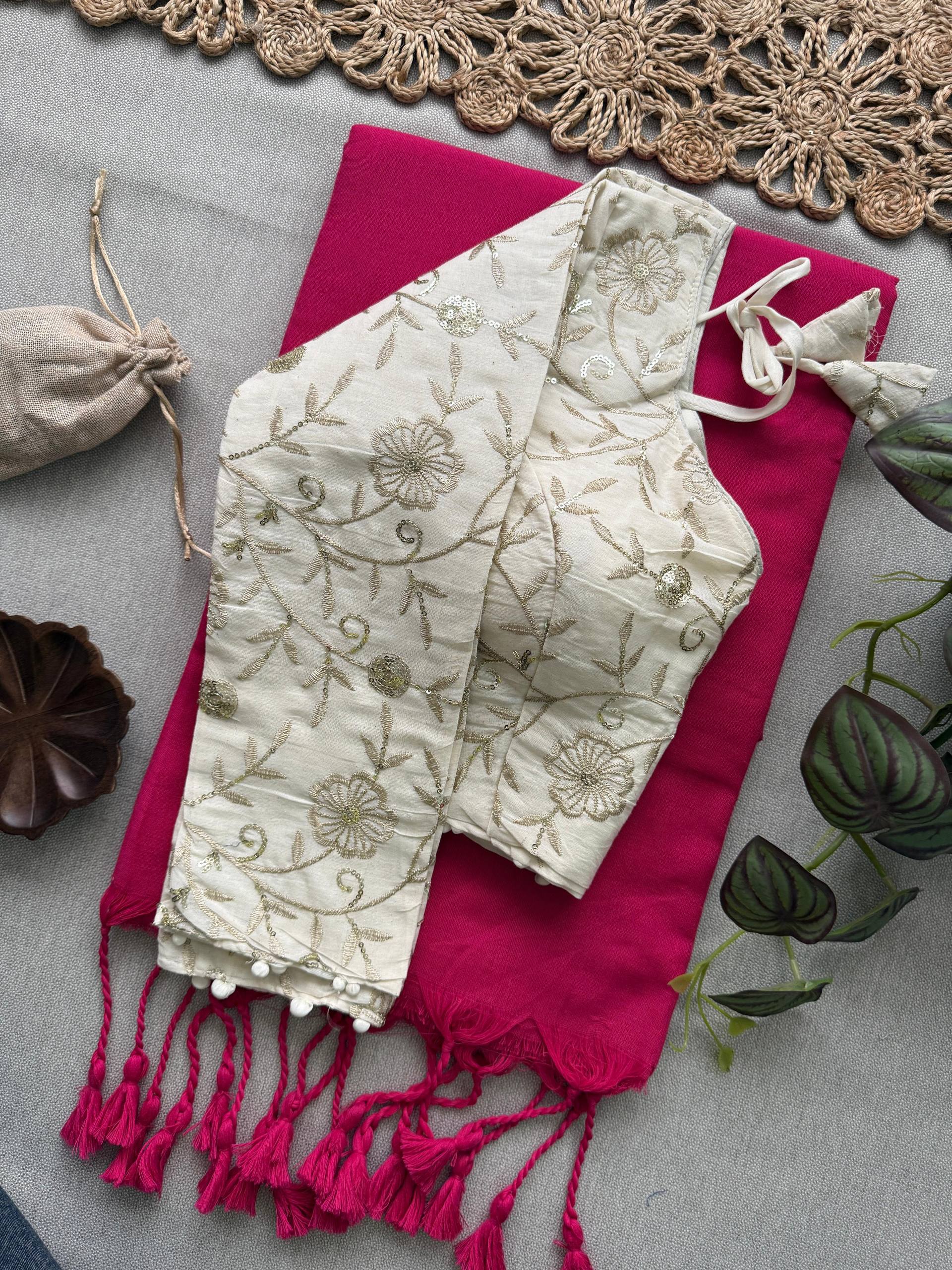 Beautiful- Baby Pink Handloom Cotton Saree With Havy Embroidery Work Stitched Blouse