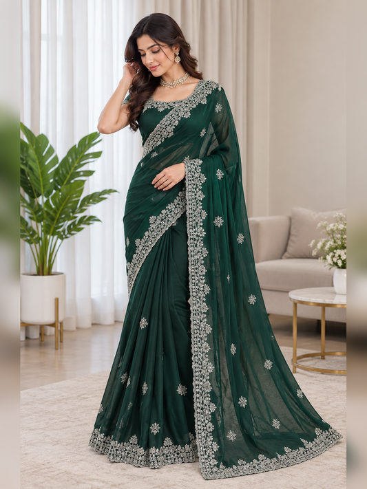 Elegant Emerald Green Fendy Silk Saree