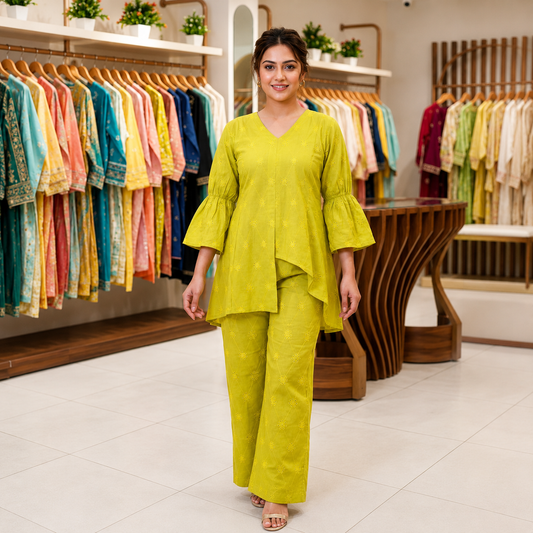 New Designer Lime Green Embroidered Cotton Co-ord Set