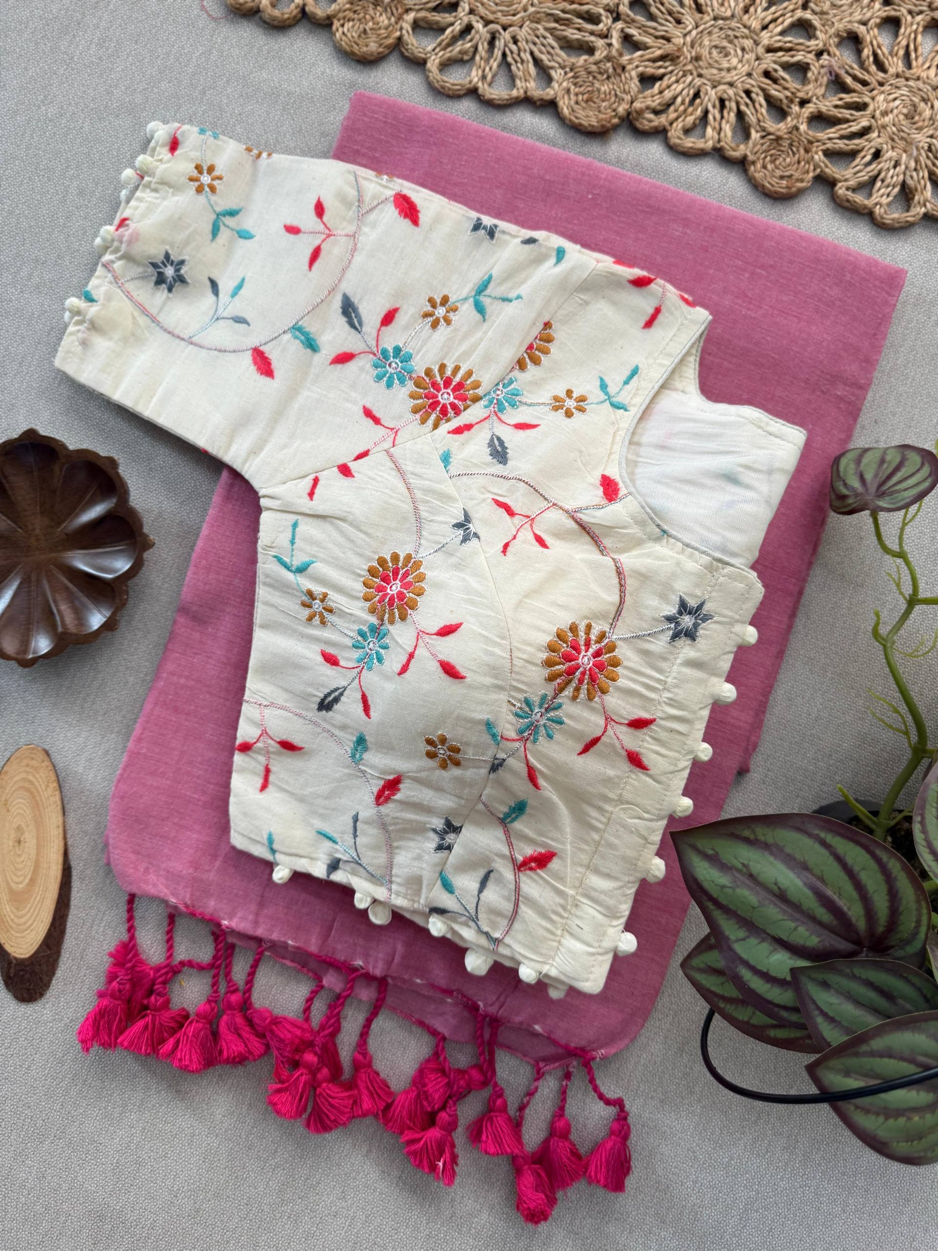 Beautiful - Baby Pink Handloom Cotton Saree With Havy Embroidery Stitched Blouse