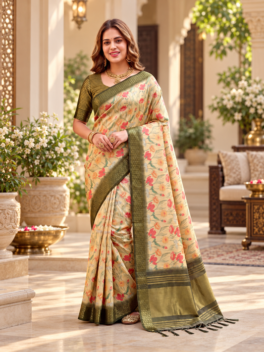 Premium grade Soft Tissue Silk Saree with Pastel Floral Print & Zari Border