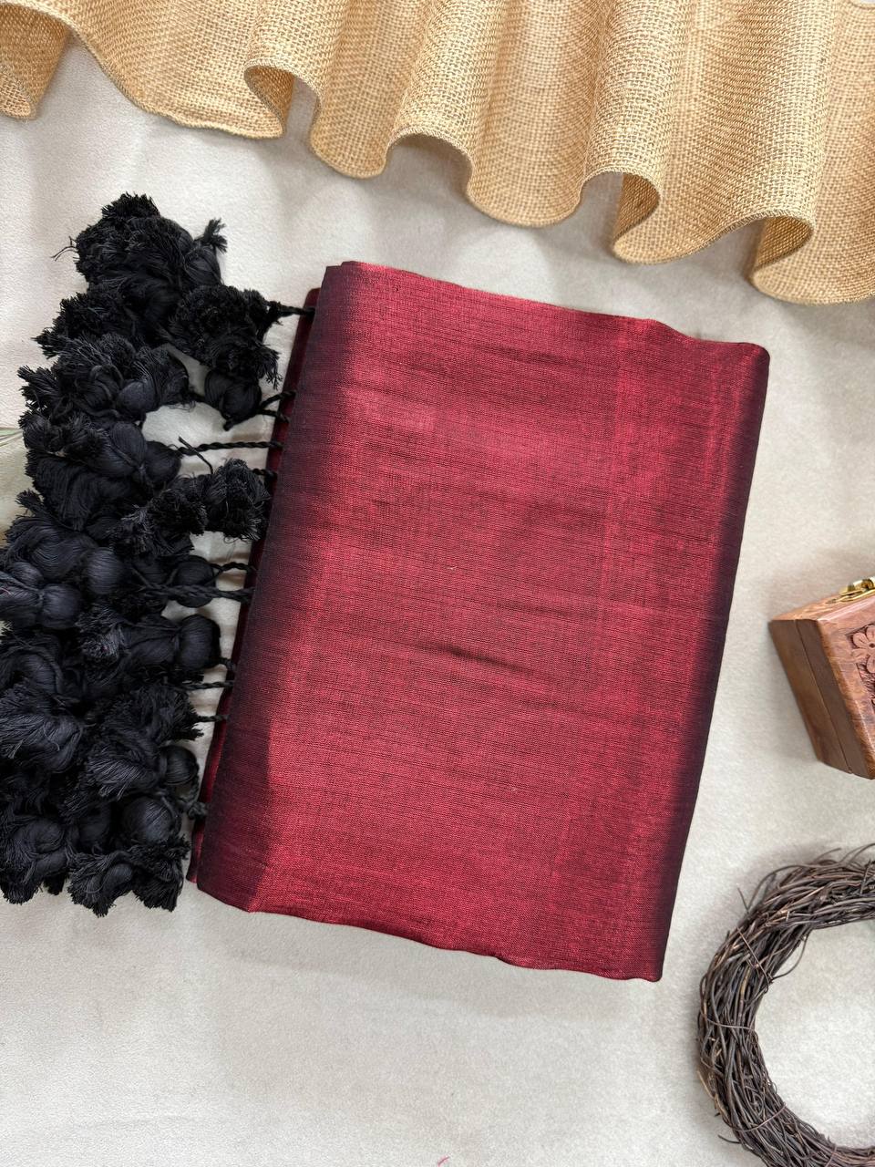 MAROON ND BLACK POM POM HANDLOOM RAGA TISSUE SAREE