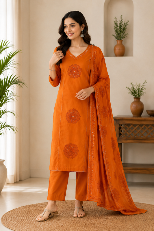 Premium Rust Orange Hand Block Print Pure Cotton Suit Set