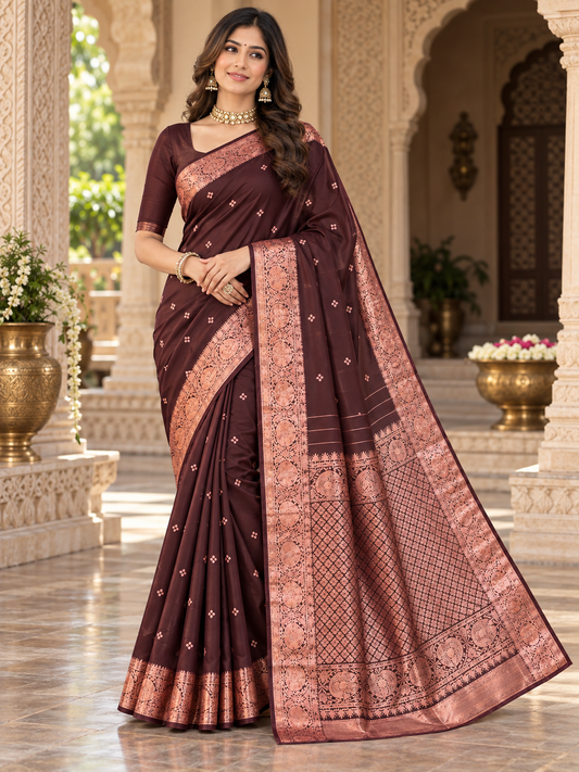 Festive Wine Soft Banarasi Silk Saree with Winsome Blouse Piece