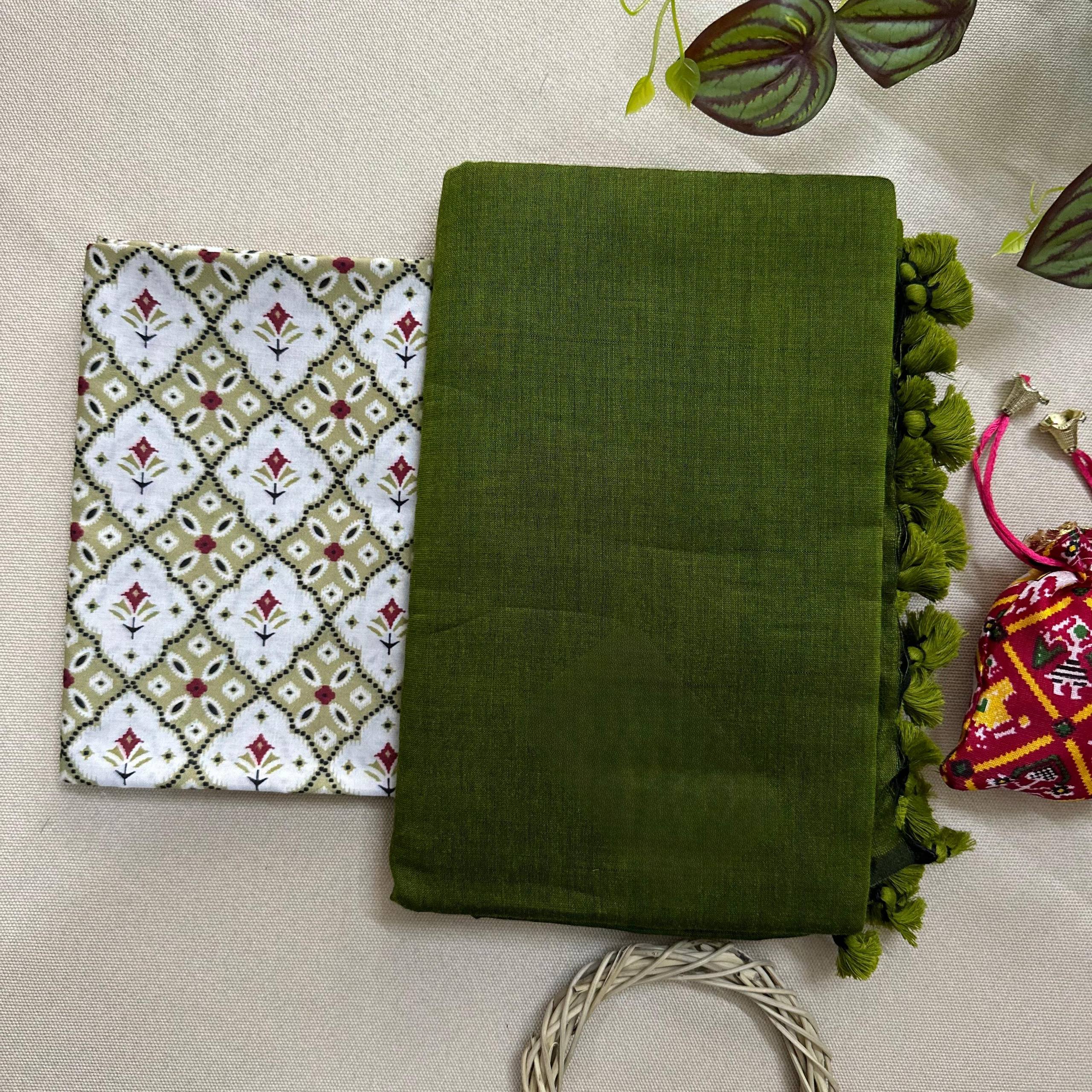 Beautiful - Mahendi Handloom Cotton Saree With Printed Blouse