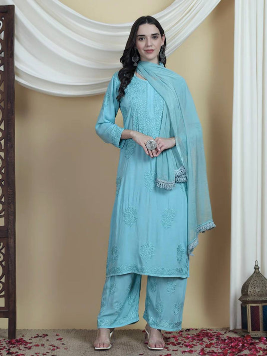 Elegant Sky Blue Rayon Embroidered Salwar Suit with Palazzo Pants