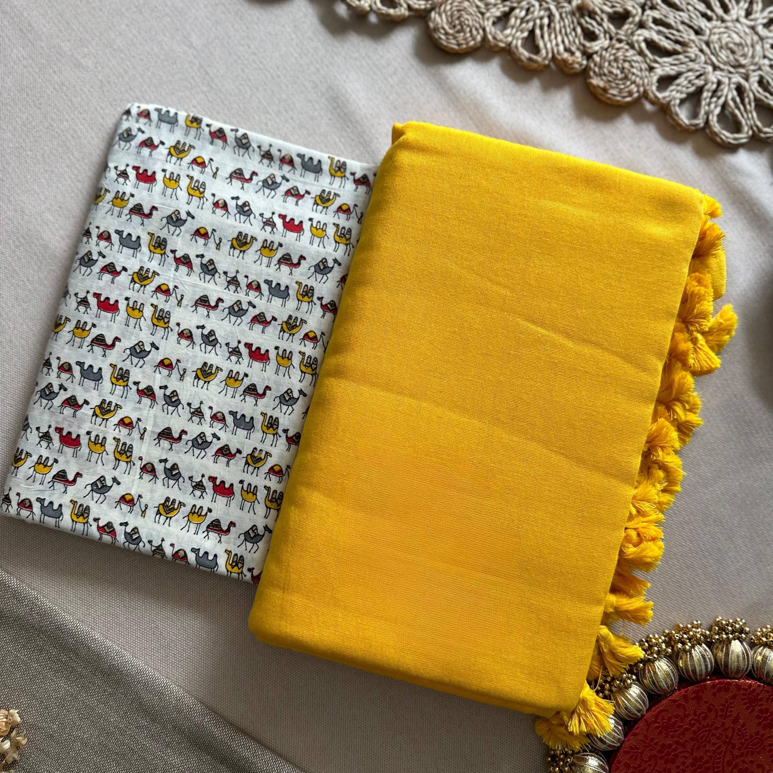 Dharma Exclusive - Yellow Handloom Cotton Saree With Traditional Printed Blouse