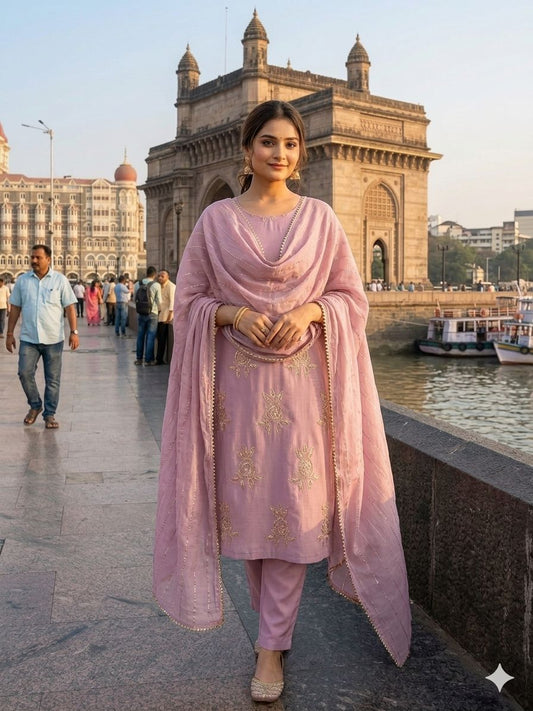 Elegant Pink Chinon 3-Piece Festive Salwar Suit Set with Sequin Work