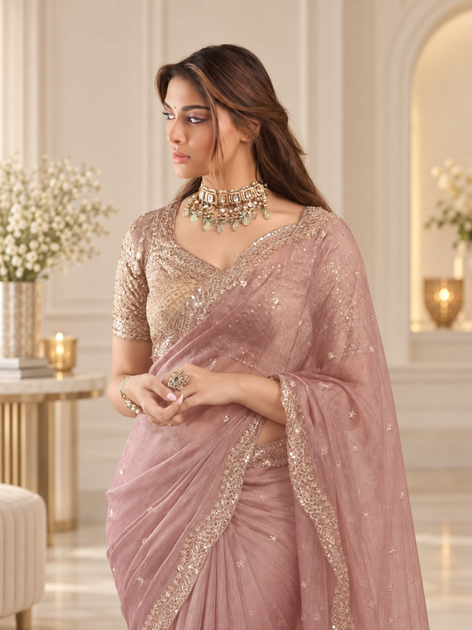 New Designer Rose Gold Tissue Salsa Crush Saree
