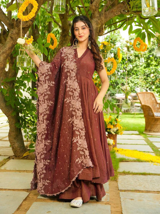 Elegant Brown Crunchy Silk Embroidered Anarkali Suit Set With Dupatta