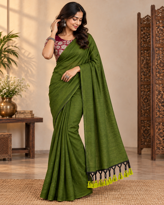 Beautiful Khadi Cotton Handloom Saree With Stiched Blouse