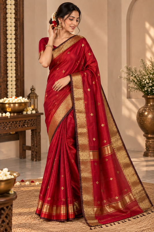 Royal Red Handloom Maheshwari Cotton Silk Sarees