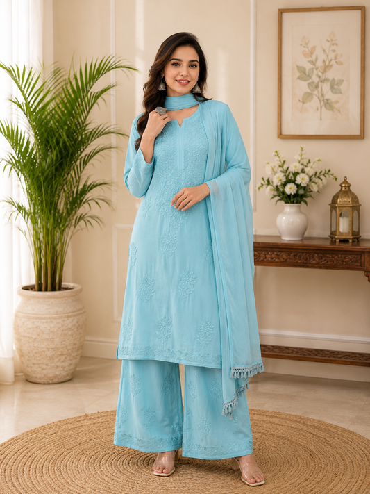 Elegant Sky Blue Rayon Embroidered Salwar Suit with Palazzo Pants