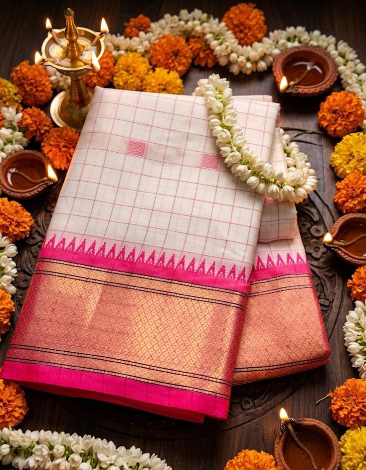 Exclusive White & Pink Chex Woven Cotton Silk Saree With Gold Zari Waving Work