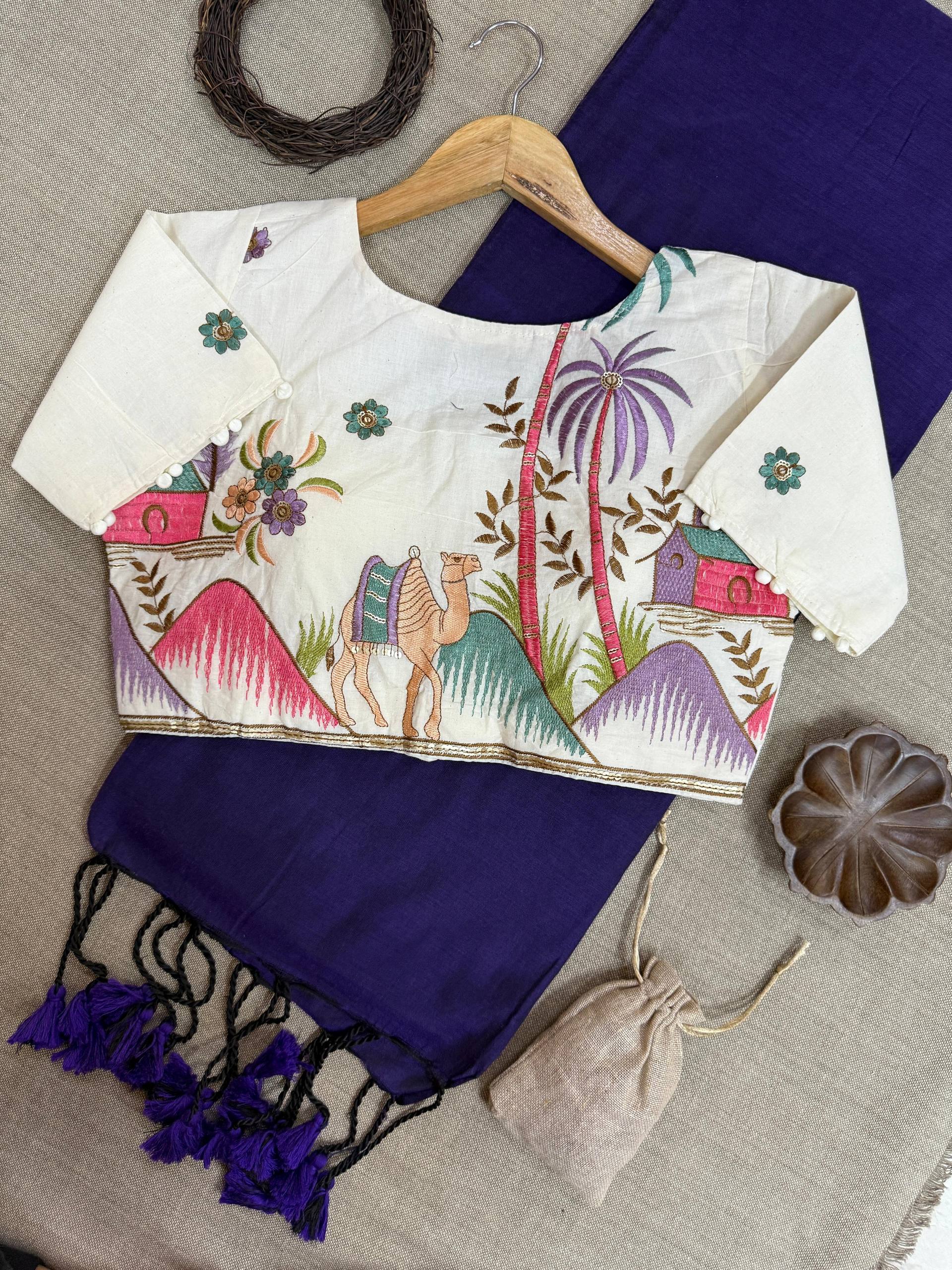 Navy Blue Pure Handloom Cotton Saree With Stitched Embroidery Blouse