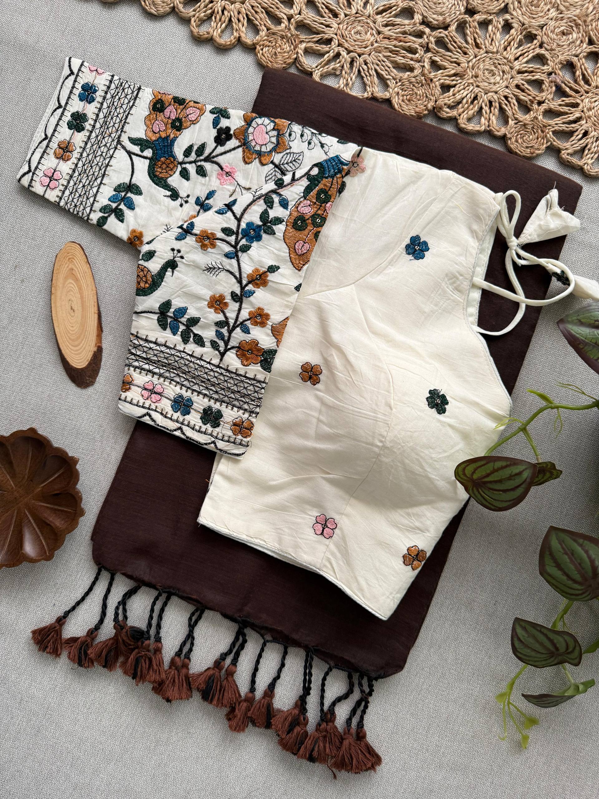 Angelica - Brown Handloom Cotton Saree With Havy Embroidery Work Stitched Blouse