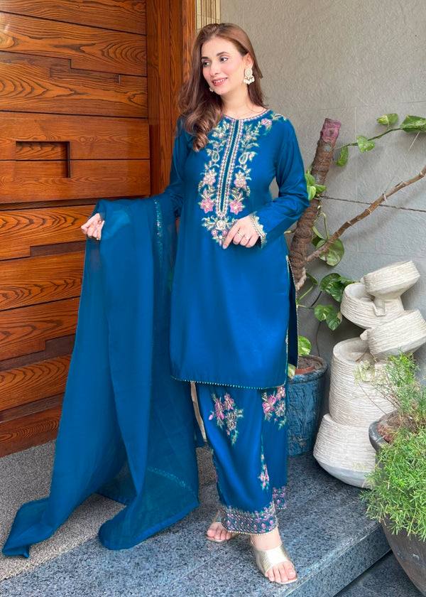 Elegant French Crepe Embroidered Suit Set with Dupatta