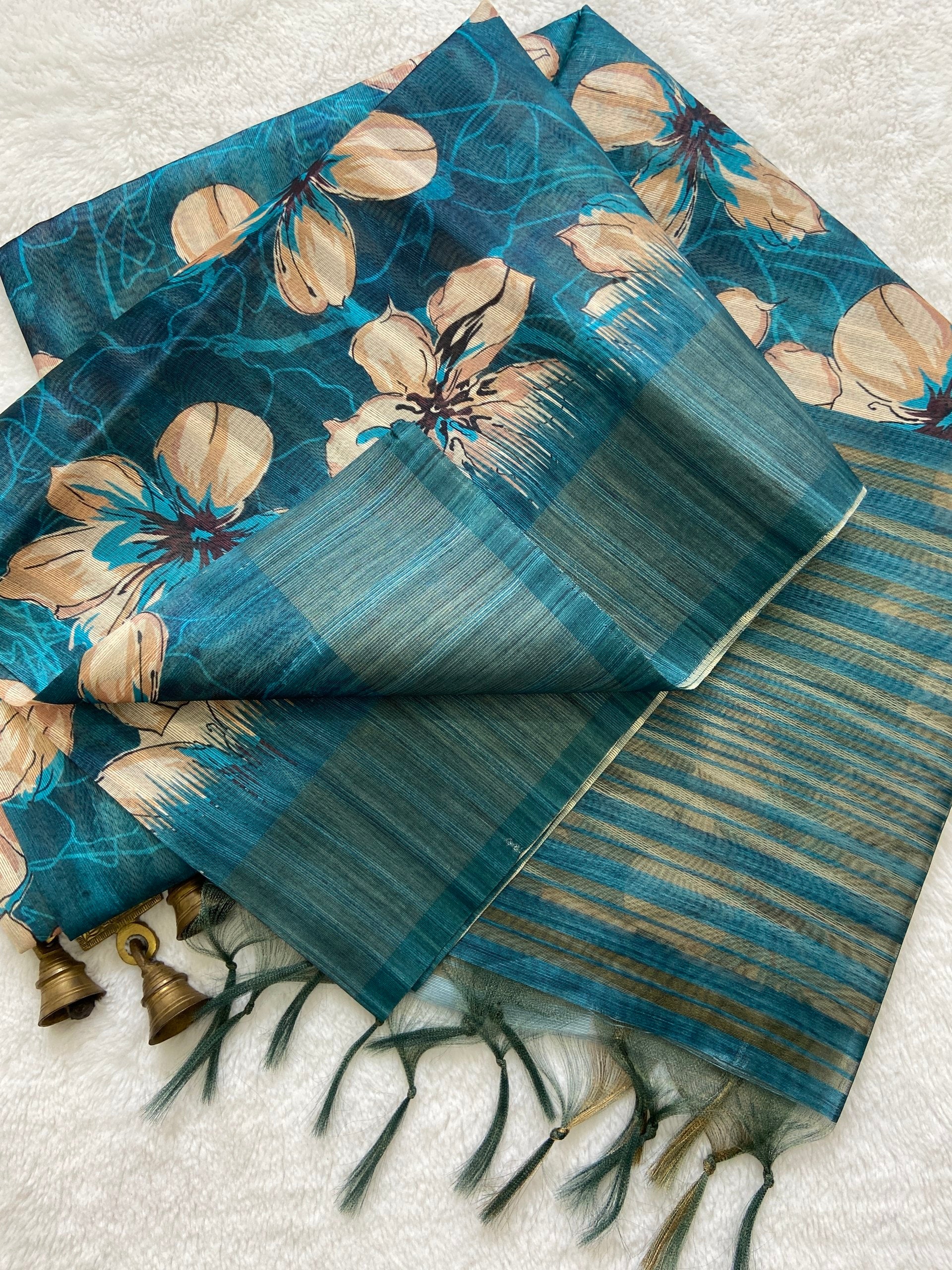 Premium Teal Blue Floral Prints Soft Tussar Silk Saree with Tassel Pallu