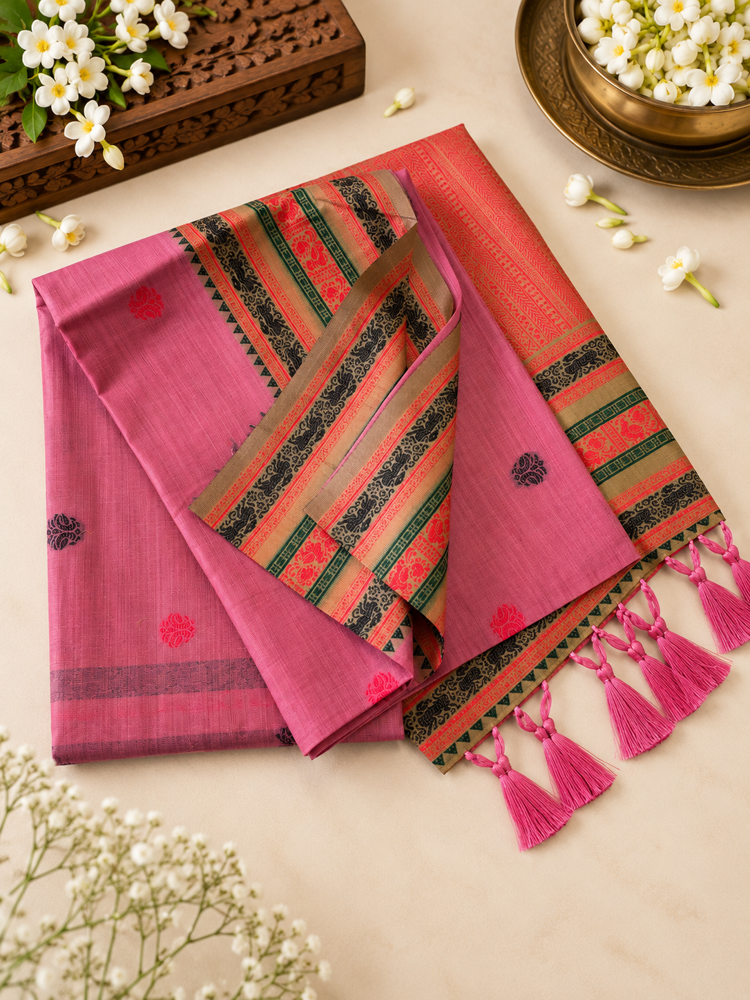 Beautiful Rose Pink Soft Muga Cotton Saree with Traditional Border and Tassels