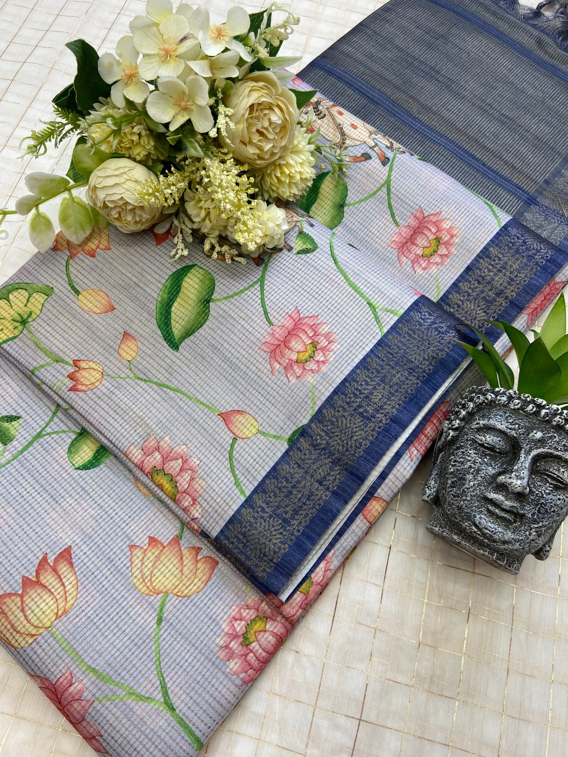 Shanaya - Light Grey Pichwai Print Soft Tussar Silk Saree