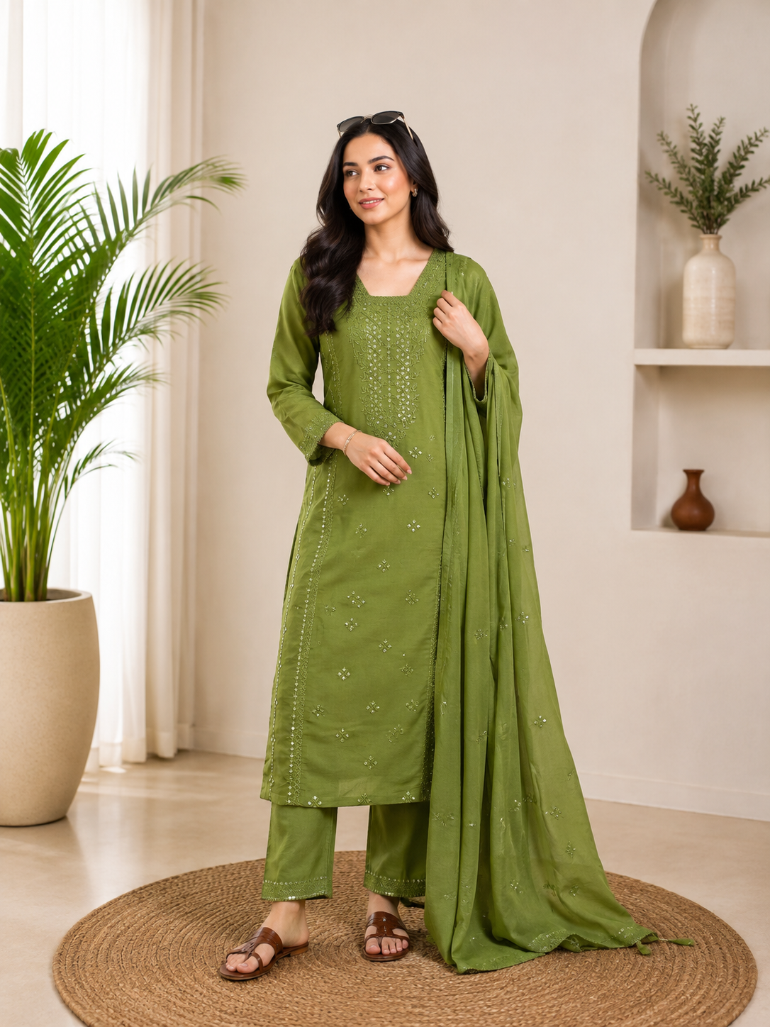 Very Attractive Green Roman Silk Embroidered Suit Set