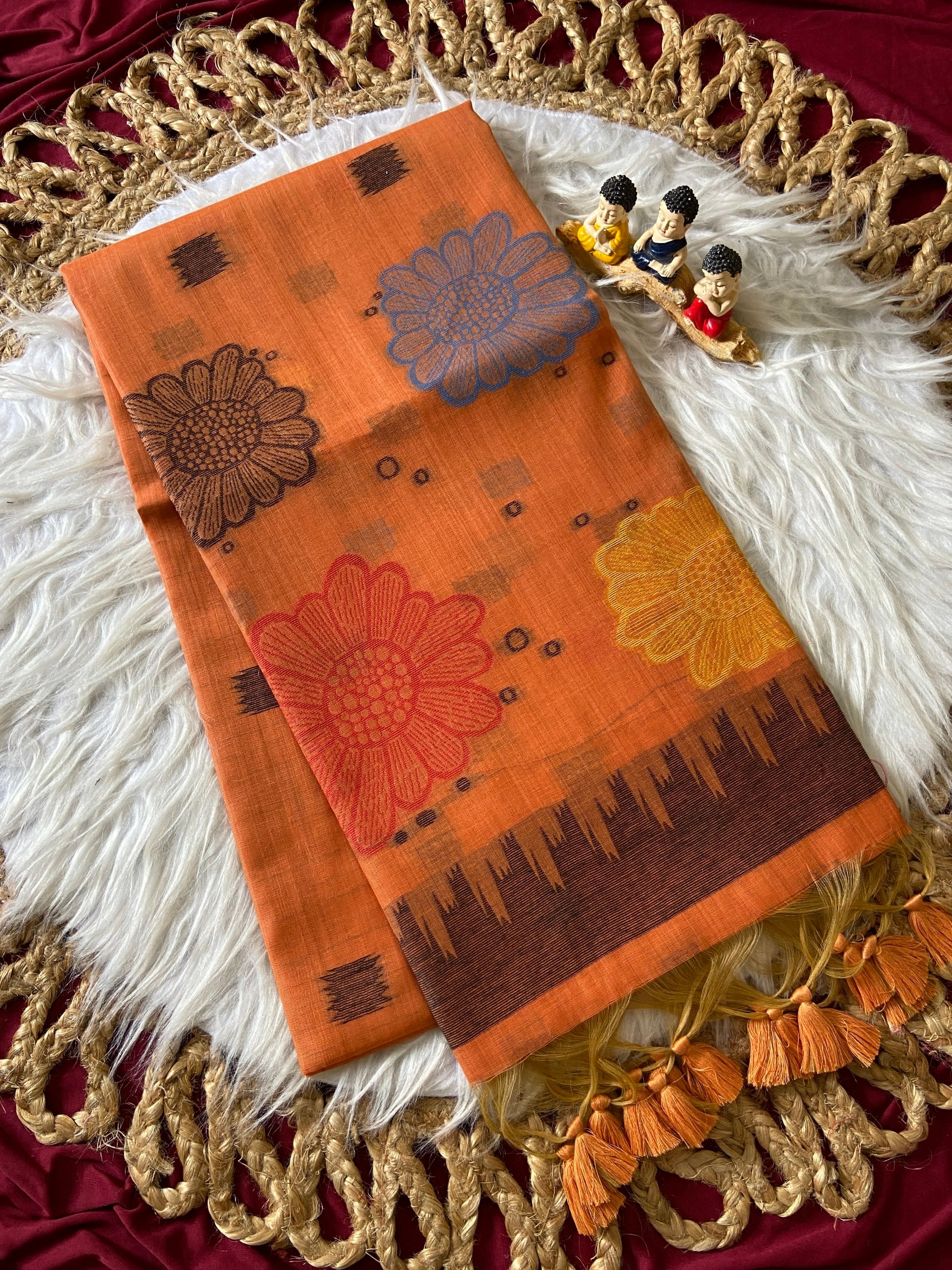 Festive Rust Orange Floral Woven Soft Muga Cotton Saree