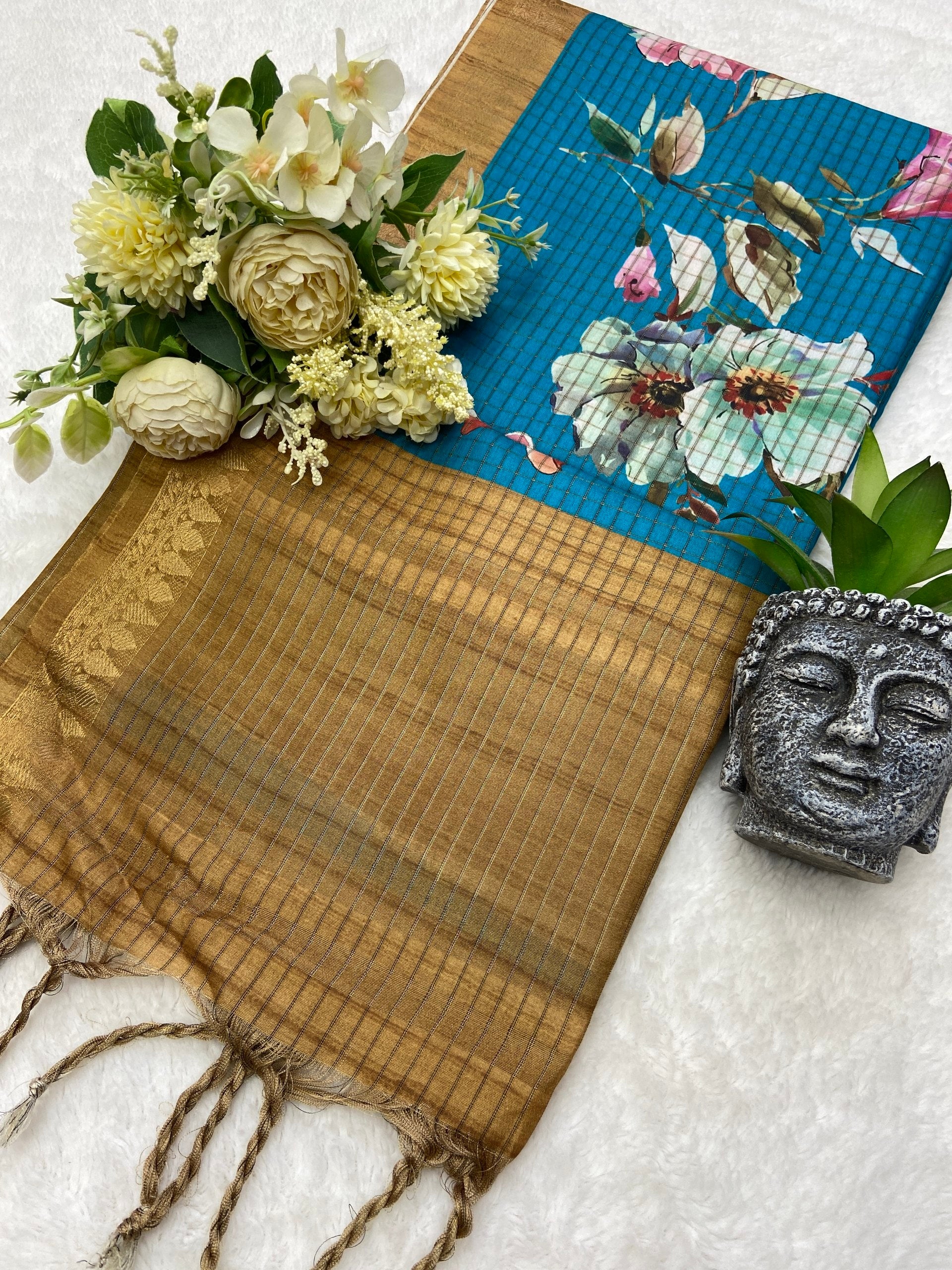 Neelambari - Sky Blue Floral Print Soft Tussar Silk Saree