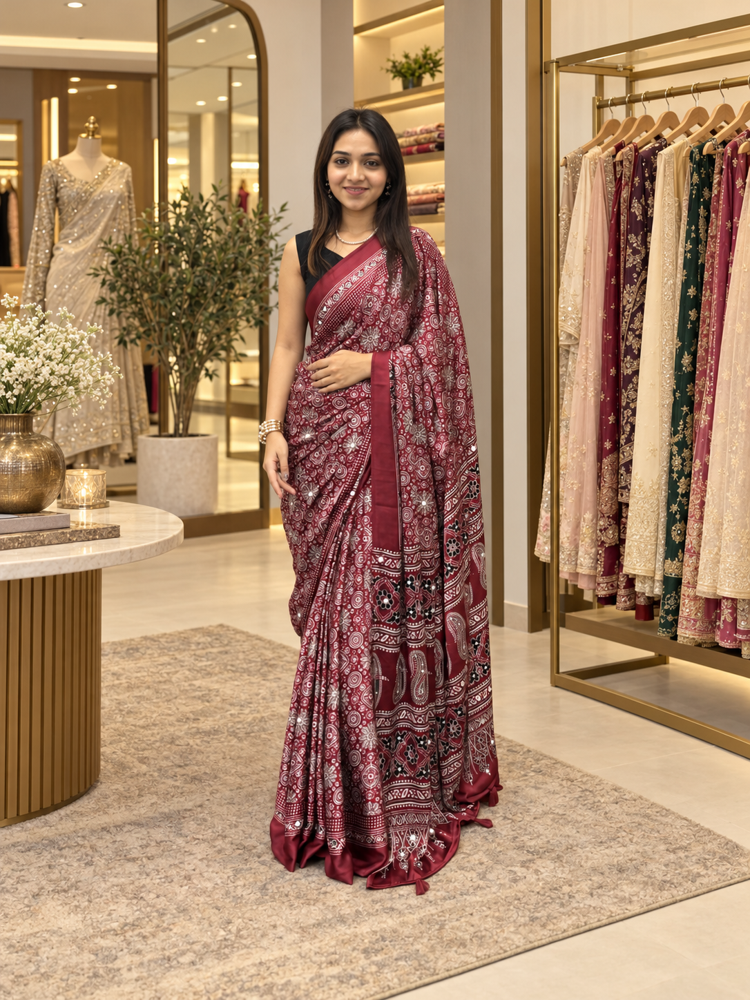 Elegant Maroon Ajrakh Printed Japan Silk Saree with Designer Pallu