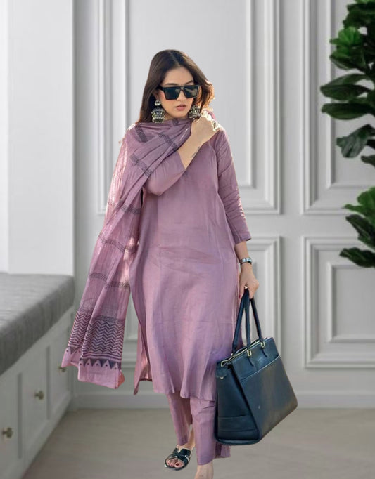 Elegant Mauve Viscose Rayon Straight Kurta Pant Set with Printed Dupatta