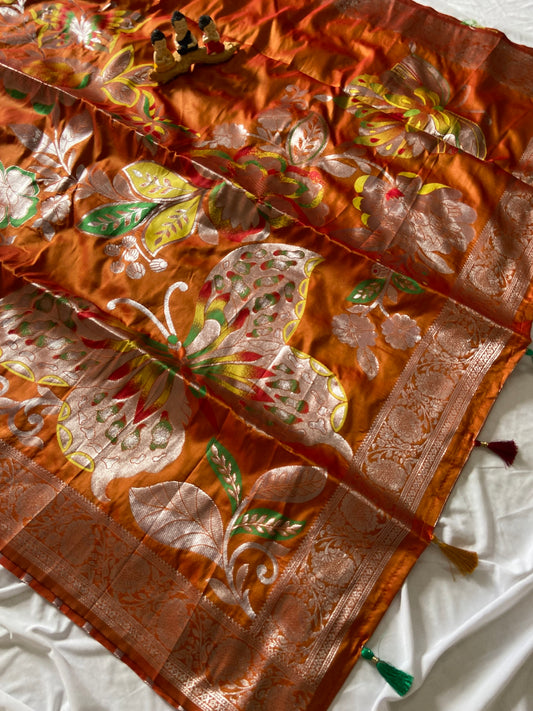 Avyanna Rust Orange Soft Silk Butterfly Motif Saree With Zari Border