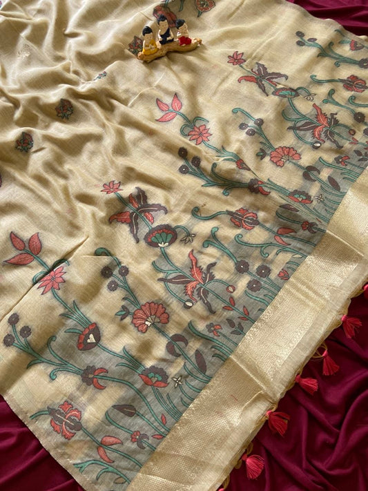 Vedika - Beige Gold Resham Woven Soft Muga Cotton Saree