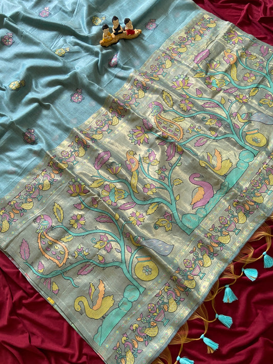 Vamika Misty - Aqua Green Soft Muga Cotton Paithani Saree