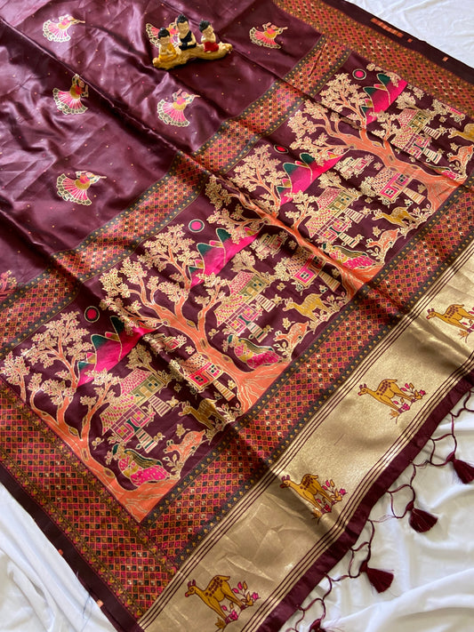 Mahira Brown Premium Woven Zari Soft Pashmina Silk Saree