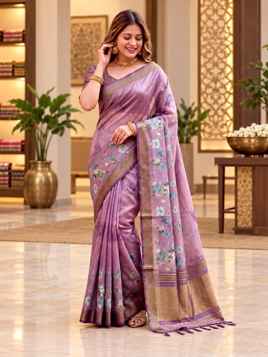 Mauve Lavender Floral Print Soft Tissue Silk Saree with Antique Gold Zari Border