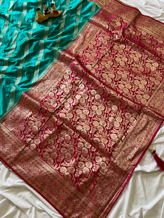 Ishika - Emerald Green & Red Pure Banarasi Silk Saree with Rich Gold Zari Weaving