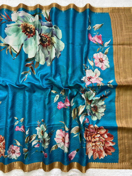 Neelambari - Sky Blue Floral Print Soft Tussar Silk Saree