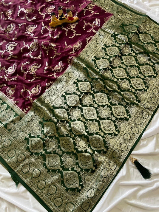 Premium Royal Wine Pure Banarasi Silk Saree | Royal Gold Zari Weaving