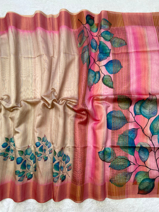 Beautiful Coral Pink Soft Tussar Silk Saree with Teal Botanical Print