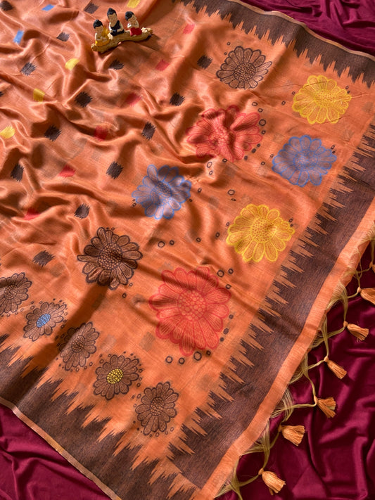 Festive Rust Orange Floral Woven Soft Muga Cotton Saree
