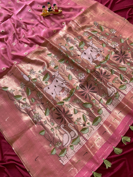 Aarohi Rose Pink 3D Woven Soft Muga Cotton Paithani Saree