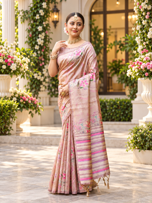 Vintage Rose Beige Soft Tussar Silk Saree with Elegant Floral Print Work