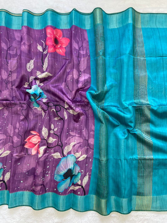 Indrani Purple-Turquoise Floral Print Soft Tussar Silk Saree