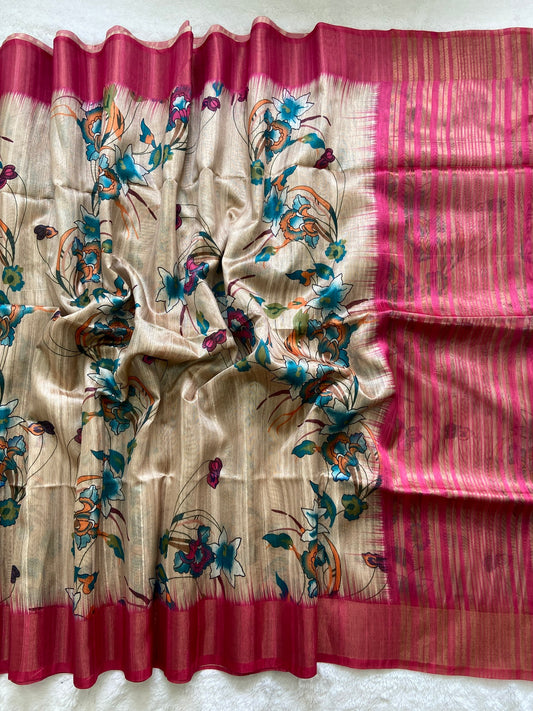 Elegant Floral Print Soft Tussar Silk Saree with Zari Border