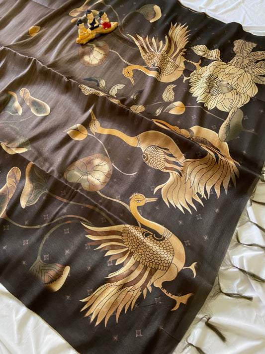 Elegant Coffee Brown Crane Motif Soft Tussar Silk Saree
