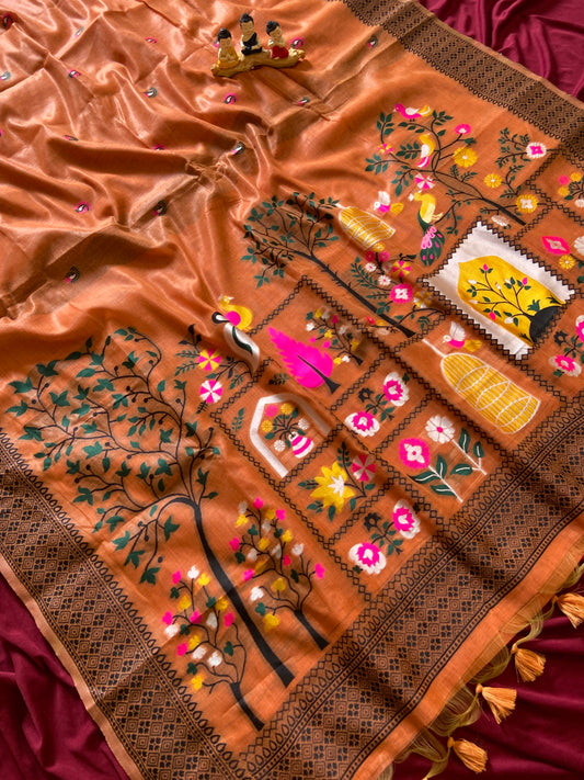 Traditional Rust Orange Soft Jamdani Cotton Saree with 3D Woven Peacock Pallu