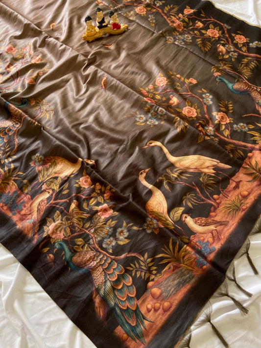 Very Attractive Charcoal Grey Crane Print Soft Tussar Silk Saree