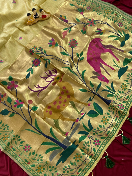 Traditional Muga Cotton Paithani Saree with Woven Deer Motif